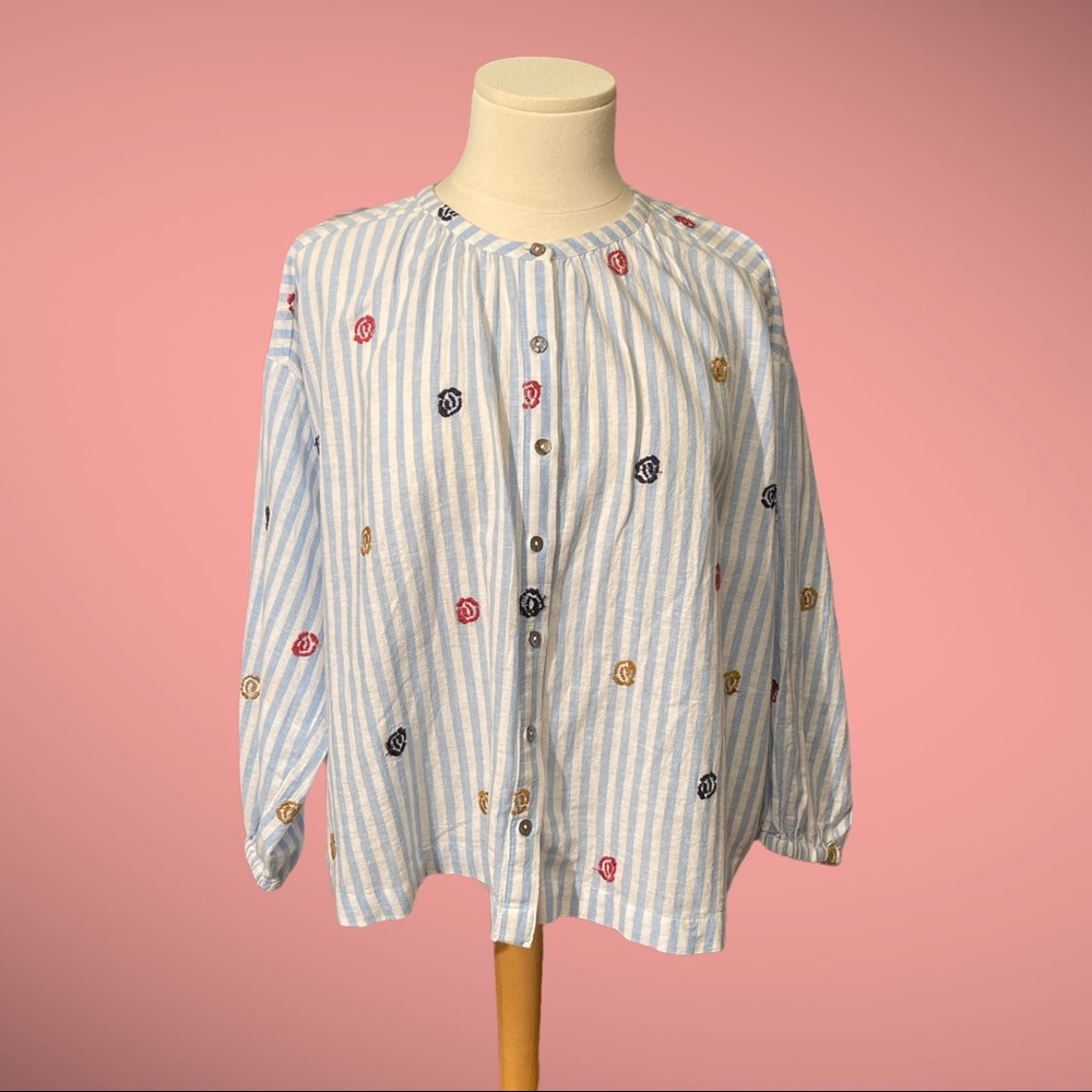 Akemi + Kin Blue Striped Medium Button Down Blouse Anthropologie